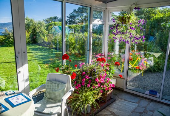 Inside of a conservatory on a summers day with a lot of flowers and shrubbery