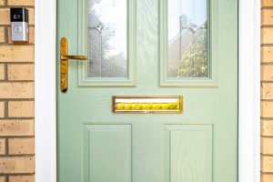 composite light green door from the front